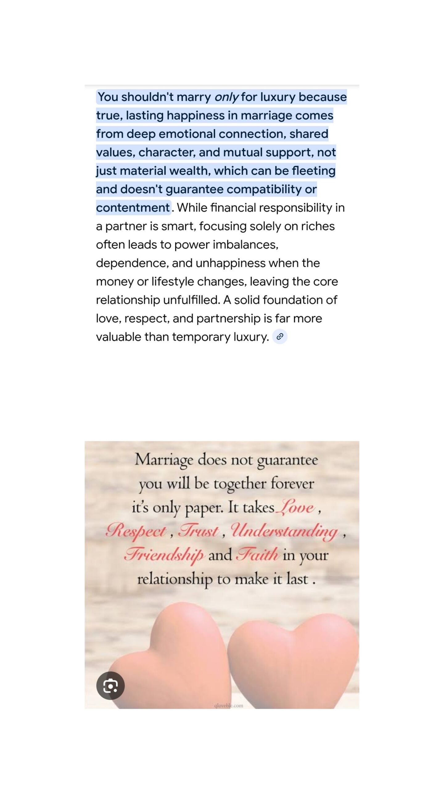 Marry someone that you both have strong connections with, that comes with Respect, Loyalty, Commitment ,Understanding and someone who accepts you as who you are without any judgement.